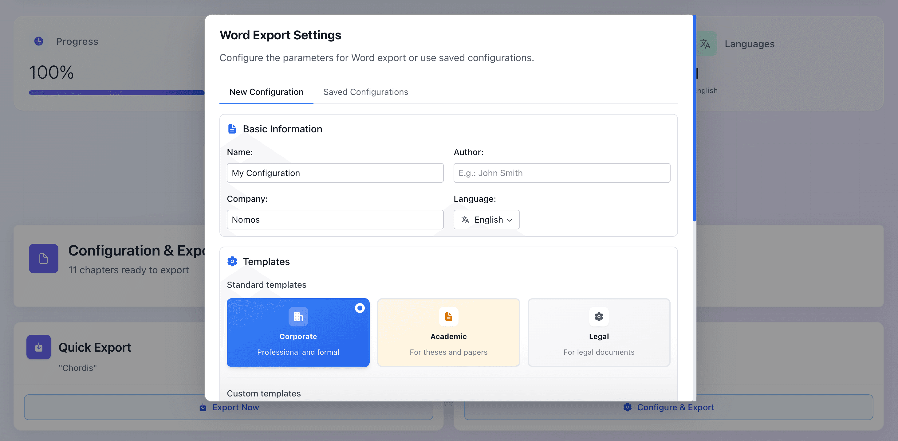 Word export settings in Nomos with the corporate template selected for an annual report