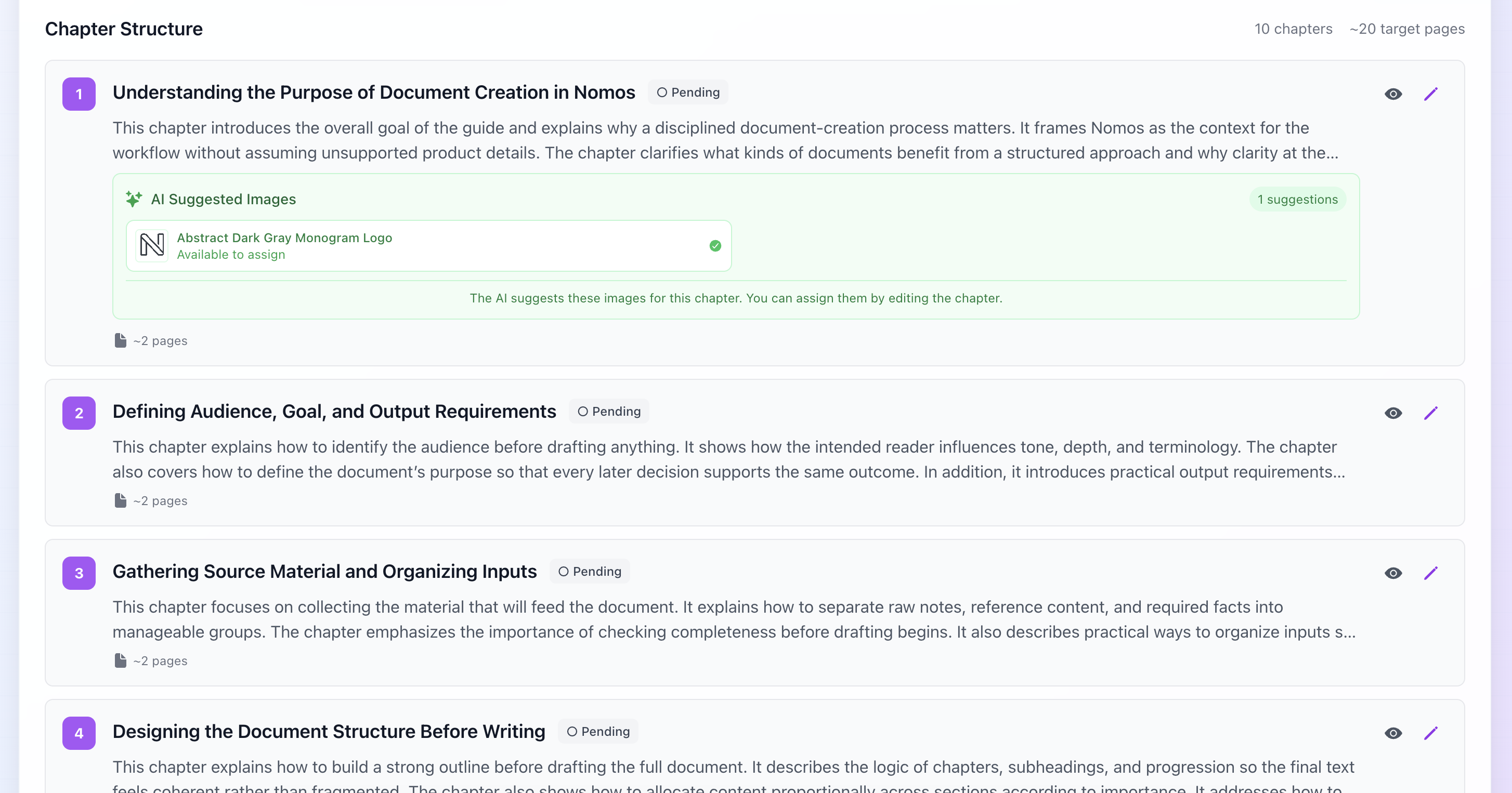 Chapter structure of a long document in Nomos: a 10-chapter outline generated before any content is written